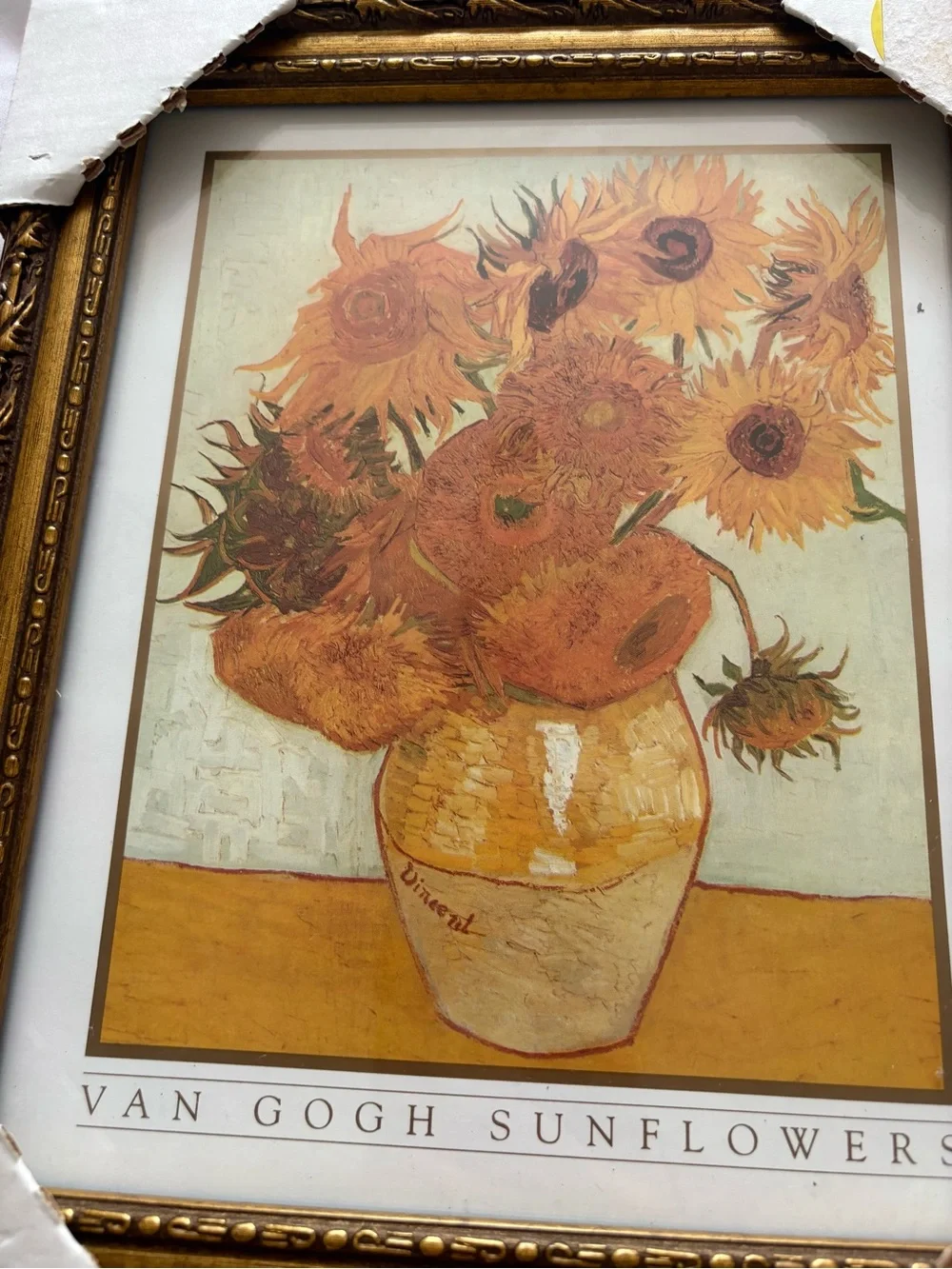 Vintage Vincent Van Gogh sunflowers art print in gold baroque frame brand new